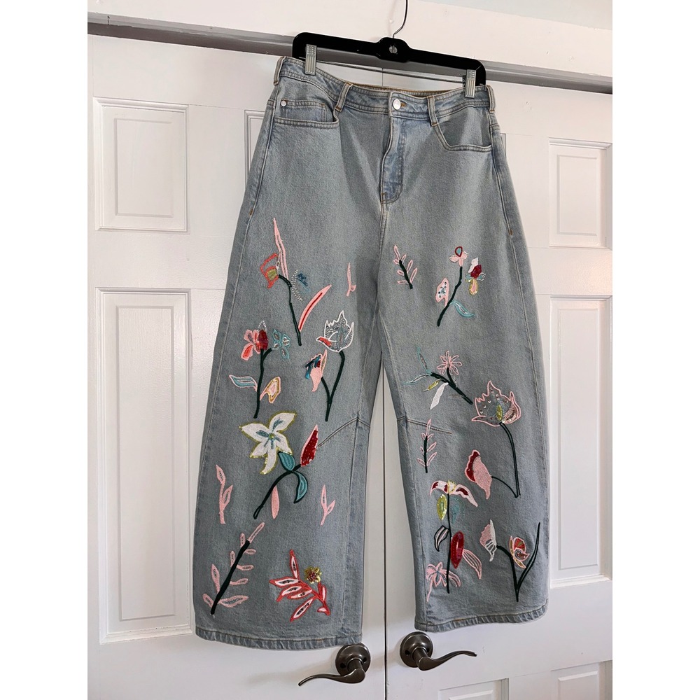 Pilcro Embroidered Bowed Slouch High-Rise Jeans Petite 29P Light Wash Floral - Picture 4 of 8